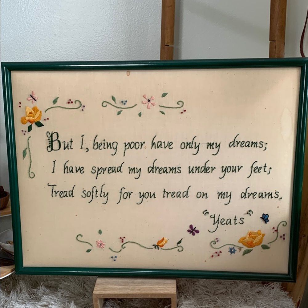 Vintage Handmade Famed Embroidery Wall Art Panel With Yeats Quote Floral Accents